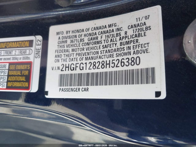 45970077 :رقم المزاد ، 2HGFG12828H526380 vin ، 2008 Honda Civic Ex مزاد بيع