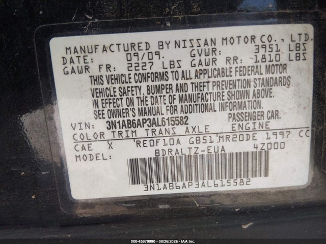 Продажа на аукционе авто 2010 Nissan Sentra 2.0s, vin: 3N1AB6AP3AL615582, номер лота: 45970080