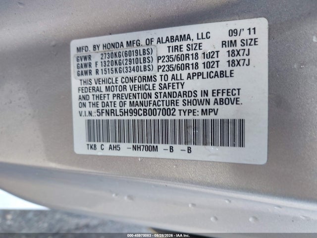 Продаж на аукціоні авто 2012 Honda Odyssey Touring/touring Elite, vin: 5FNRL5H99CB007002, номер лоту: 45970083