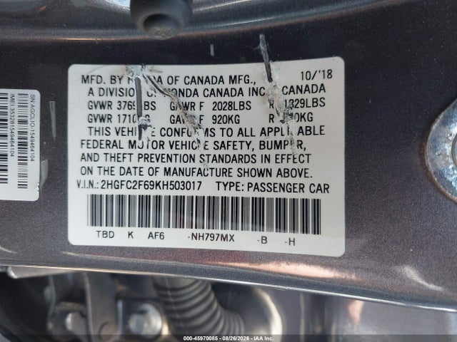 Honda Civic Lx 2019 2HGFC2F69KH503017 Image 9