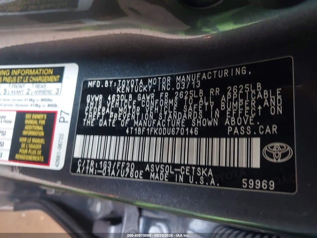 45970088 :رقم المزاد ، 4T1BF1FK0DU670146 vin ، 2013 Toyota Camry Se مزاد بيع