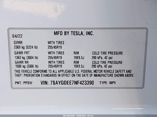 Aukcja sprzedaży 2022 Tesla Model Y Long Range Dual Motor All-wheel Drive, vin: 7SAYGDEE7NF423390, numer aukcji: 45970095