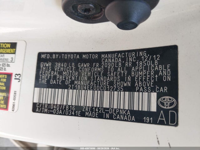 45970098 :رقم المزاد ، 2T1BU4EE0DC012735 vin ، 2013 Toyota Corolla Le مزاد بيع