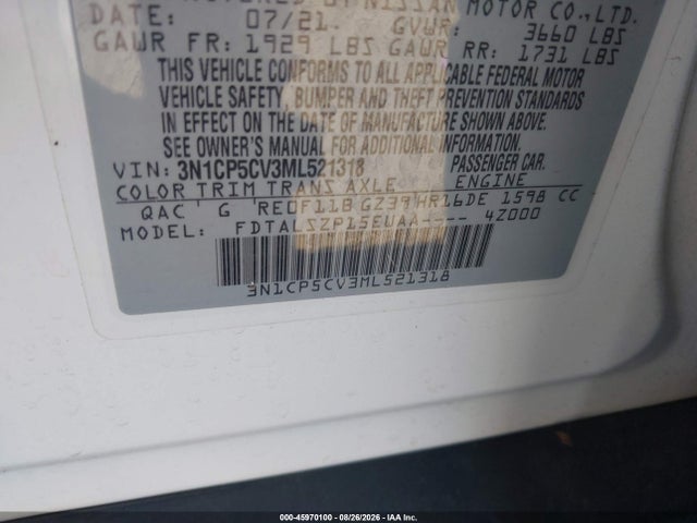 Продаж на аукціоні авто 2021 Nissan Kicks Sv Xtronic Cvt, vin: 3N1CP5CV3ML521318, номер лоту: 45970100