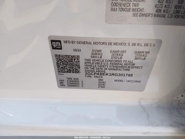 Продажа на аукционе авто 2024 Chevrolet Silverado 1500 2wd  Short Bed Custom, vin: 3GCPABEK1RG301788, номер лота: 45970105