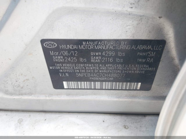 Aukcja sprzedaży 2012 Hyundai Sonata Gls, vin: 5NPEB4AC7CH488077, numer aukcji: 45970124