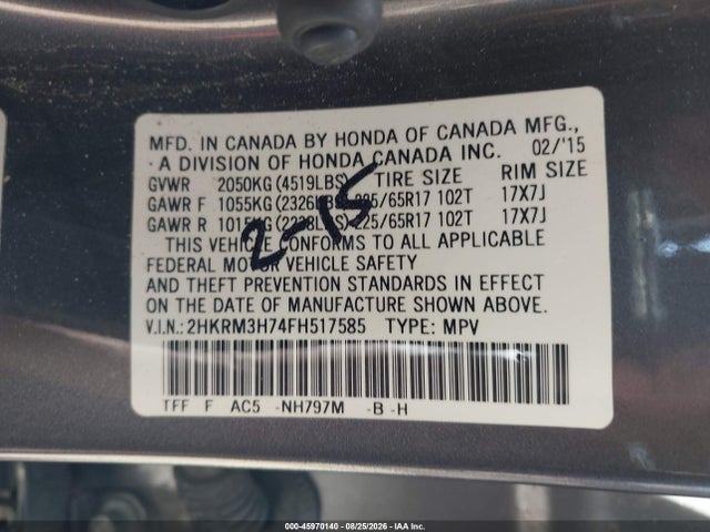 Honda Cr-v Ex-l 2015 2HKRM3H74FH517585 Image 9