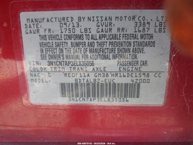 3N1CN7AP3EL835056 Nissan Versa 1.6 Sv