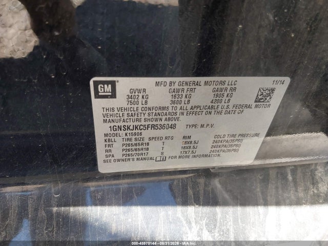 Aukcja sprzedaży 2015 Chevrolet Suburban Lt, vin: 1GNSKJKC5FR536048, numer aukcji: 45970144