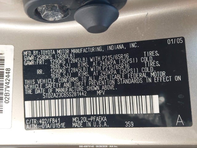 Продажа на аукционе авто 2005 Toyota Sienna Le, vin: 5TDZA23C65S281442, номер лота: 45970145