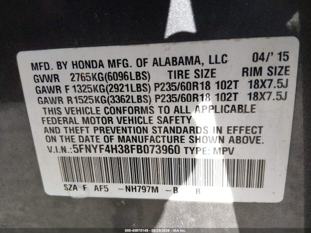 2015 Honda Pilot Se მანქანა იყიდება აუქციონზე, vin: 5FNYF4H38FB073960, აუქციონის ნომერი: 45970149