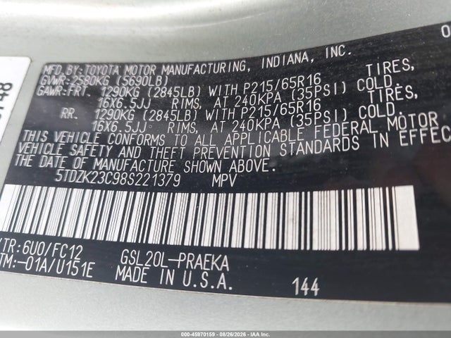 Продажа на аукционе авто 2008 Toyota Sienna Le, vin: 5TDZK23C98S221379, номер лота: 45970159