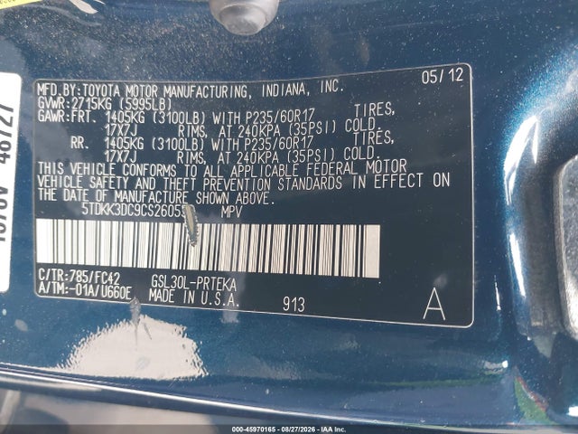 2012 Toyota Sienna Le V6 8 Passenger მანქანა იყიდება აუქციონზე, vin: 5TDKK3DC9CS260536, აუქციონის ნომერი: 45970165