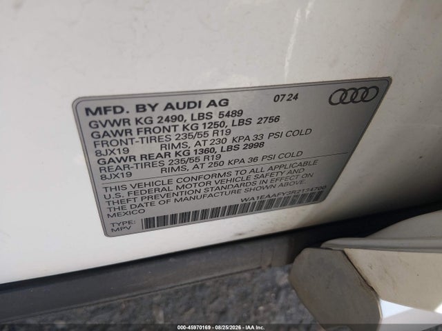 Aukcja sprzedaży 2024 Audi Q5 Premium Plus 45 Tfsi S Line Quattro, vin: WA1EAAFY3R2134700, numer aukcji: 45970169