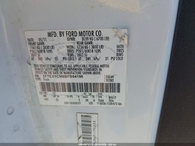 45970170 :رقم المزاد ، 1FTEX1CM8BFB64196 vin ، 2011 Ford F-150 Xlt مزاد بيع