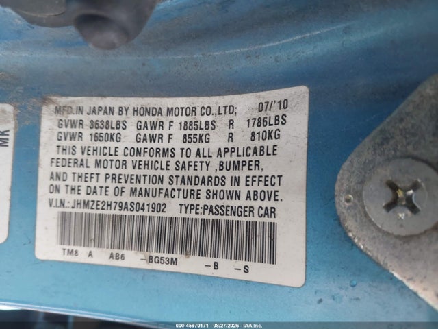 2010 Honda Insight Ex მანქანა იყიდება აუქციონზე, vin: JHMZE2H79AS041902, აუქციონის ნომერი: 45970171