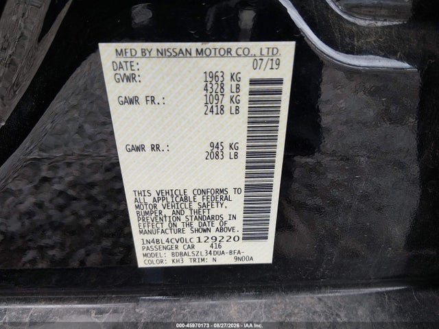 45970173 :رقم المزاد ، 1N4BL4CV0LC129220 vin ، 2020 Nissan Altima Sr Fwd مزاد بيع