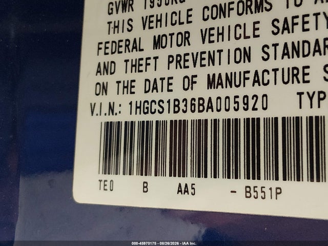 45970175 :رقم المزاد ، 1HGCS1B36BA005920 vin ، 2011 Honda Accord 2.4 Lx-s مزاد بيع