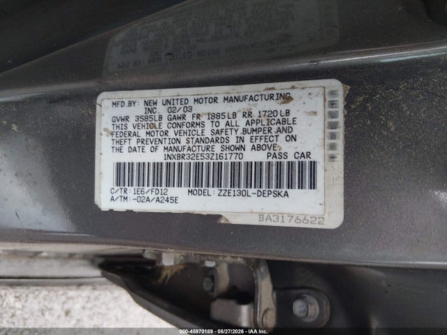 45970189 :رقم المزاد ، 1NXBR32E53Z161770 vin ، 2003 Toyota Corolla S مزاد بيع