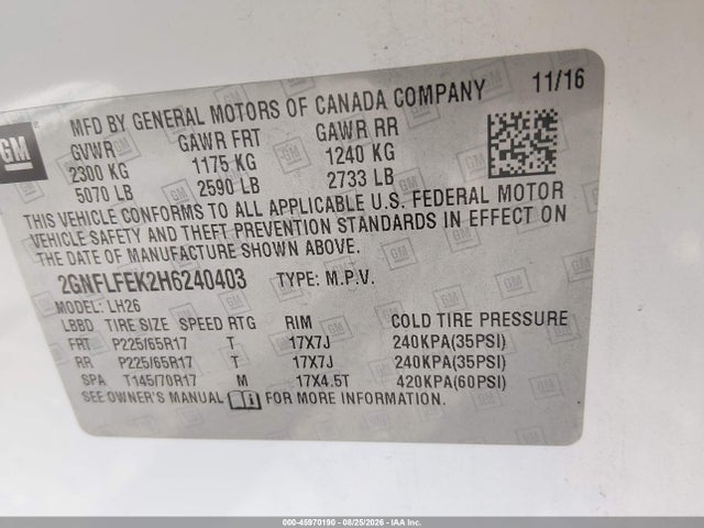 2017 Chevrolet Equinox Lt მანქანა იყიდება აუქციონზე, vin: 2GNFLFEK2H6240403, აუქციონის ნომერი: 45970190