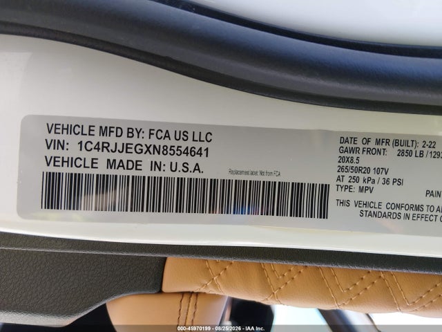 Aukcja sprzedaży 2022 Jeep Grand Cherokee L Summit 4x2, vin: 1C4RJJEGXN8554641, numer aukcji: 45970199