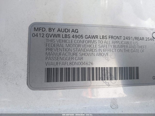45970206 :رقم المزاد ، WAUFFAFL8DN004626 vin ، 2013 Audi A4 2.0t Premium مزاد بيع