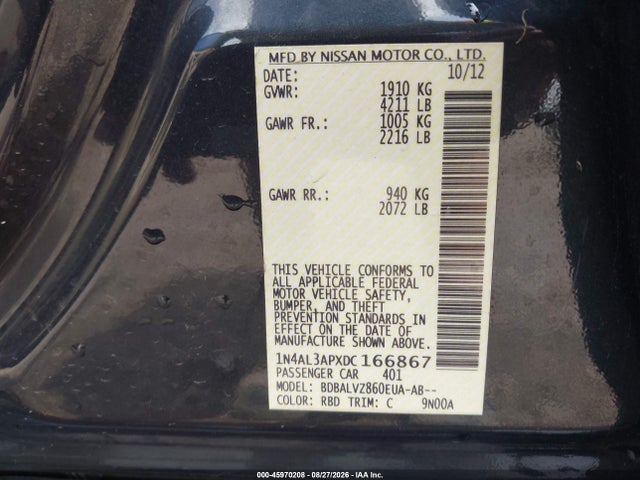 2013 Nissan Altima 2.5 Sl მანქანა იყიდება აუქციონზე, vin: 1N4AL3APXDC166867, აუქციონის ნომერი: 45970208