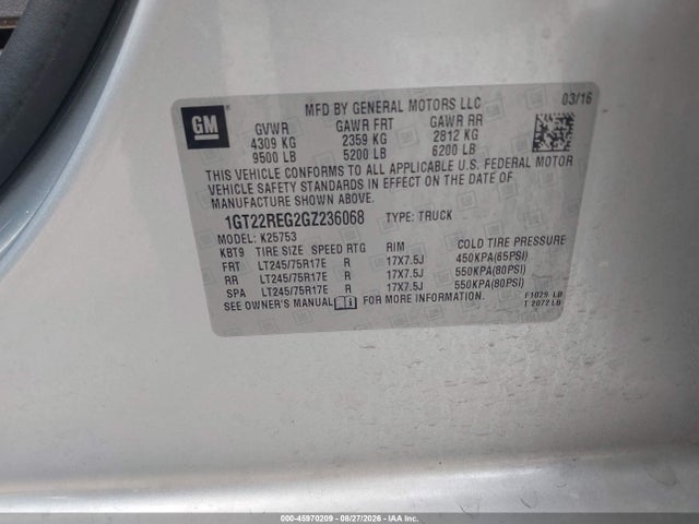 45970209 :رقم المزاد ، 1GT22REG2GZ236068 vin ، 2016 Gmc Sierra 2500hd مزاد بيع