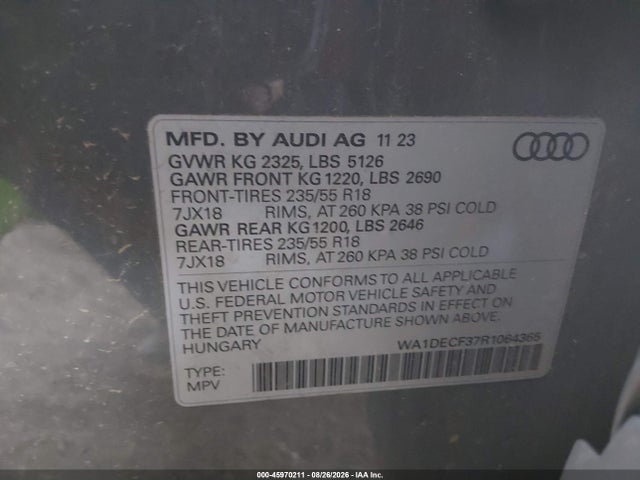 Продаж на аукціоні авто 2024 Audi Q3 Premium 45 Tfsi S Line Quattro Tiptronic, vin: WA1DECF37R1064365, номер лоту: 45970211