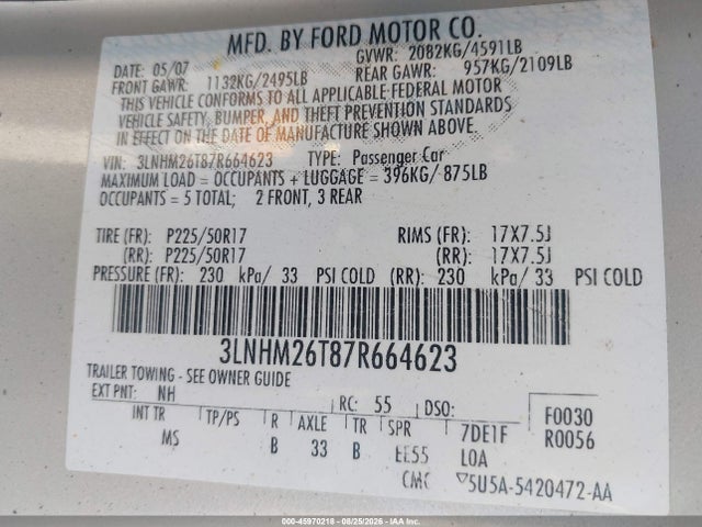 Aukcja sprzedaży 2007 Lincoln Mkz, vin: 3LNHM26T87R664623, numer aukcji: 45970218
