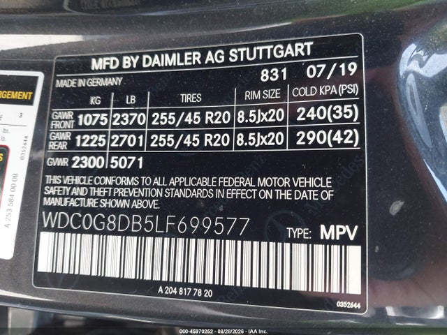 Aukcja sprzedaży 2020 Mercedes-benz Glc 300, vin: WDC0G8DB5LF699577, numer aukcji: 45970252