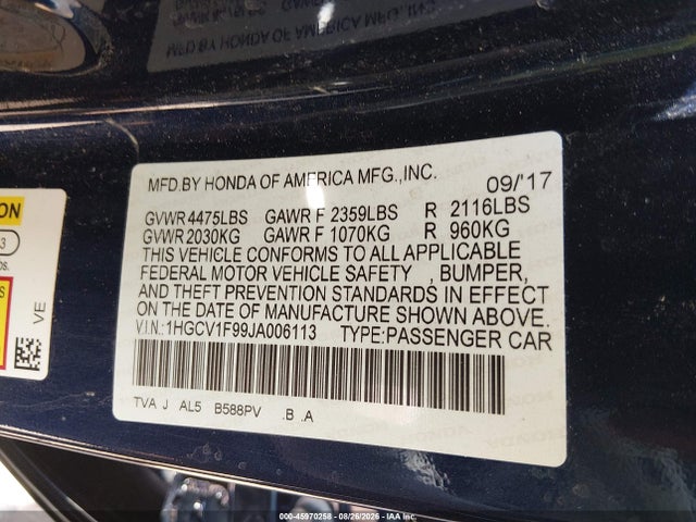 Aukcja sprzedaży 2018 Honda Accord Touring, vin: 1HGCV1F99JA006113, numer aukcji: 45970258