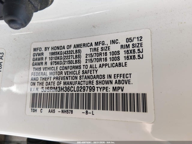 Aukcja sprzedaży 2012 Honda Cr-v Lx, vin: 5J6RM3H36CL029799, numer aukcji: 45970261