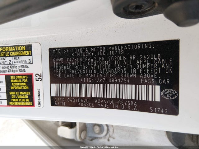 2020 Toyota Camry Se მანქანა იყიდება აუქციონზე, vin: 4T1G11AK7LU891754, აუქციონის ნომერი: 45970265