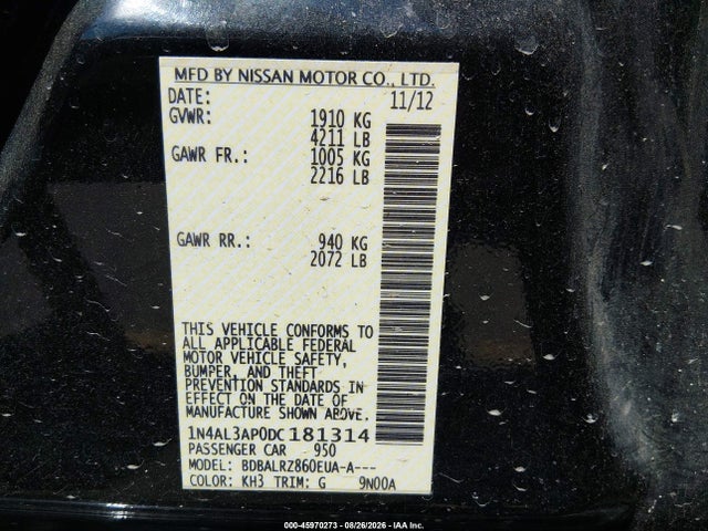 2013 Nissan Altima 2.5 S მანქანა იყიდება აუქციონზე, vin: 1N4AL3AP0DC181314, აუქციონის ნომერი: 45970273