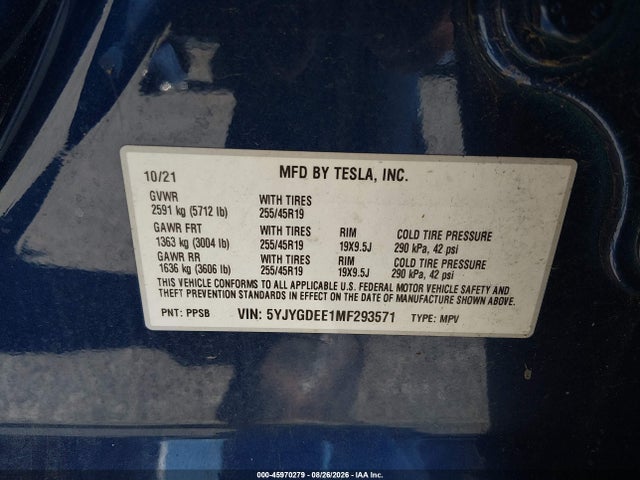Продажа на аукционе авто 2021 Tesla Model Y Long Range Dual Motor All-wheel Drive, vin: 5YJYGDEE1MF293571, номер лота: 45970279