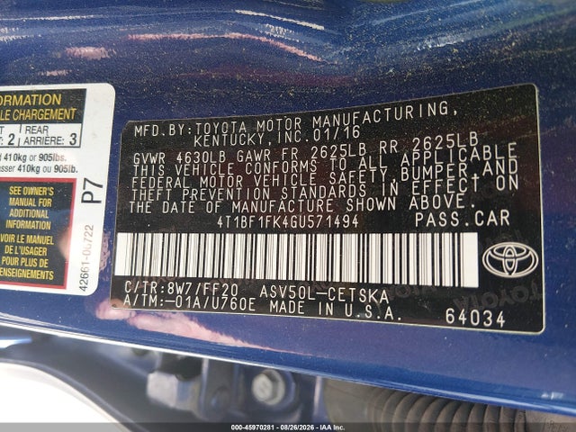 Продажа на аукционе авто 2016 Toyota Camry Se, vin: 4T1BF1FK4GU571494, номер лота: 45970281