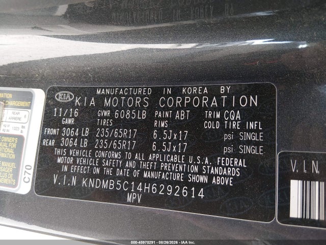 Aukcja sprzedaży 2017 Kia Sedona Lx, vin: KNDMB5C14H6292614, numer aukcji: 45970291