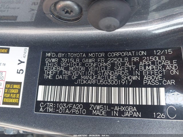 JTDKARFU5G3001917 Toyota Prius Three