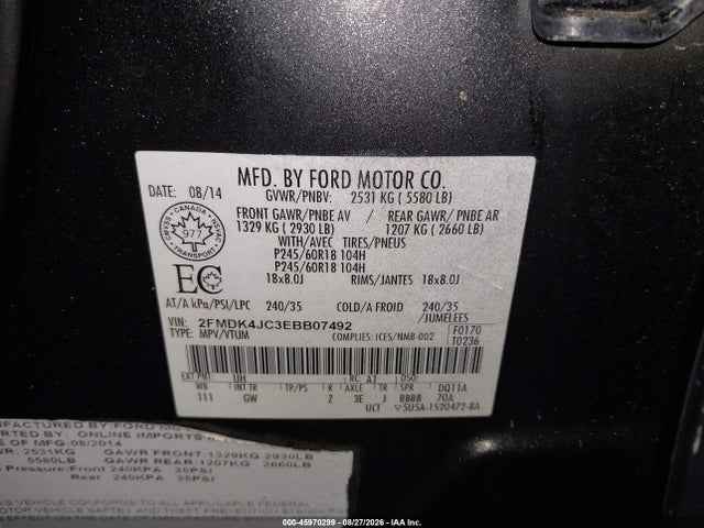 Продаж на аукціоні авто 2014 Ford Edge Sel, vin: 2FMDK4JC3EBB07492, номер лоту: 45970299