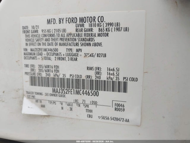 Продажа на аукционе авто 2021 Ford Ecosport S, vin: MAJ3S2FE1MC446500, номер лота: 45970300