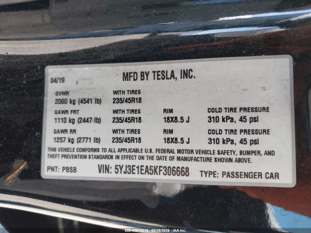 45970316 :رقم المزاد ، 5YJ3E1EA5KF306668 vin ، 2019 Tesla Model 3 Long Range/mid Range/standard Range/standard Range Plus مزاد بيع