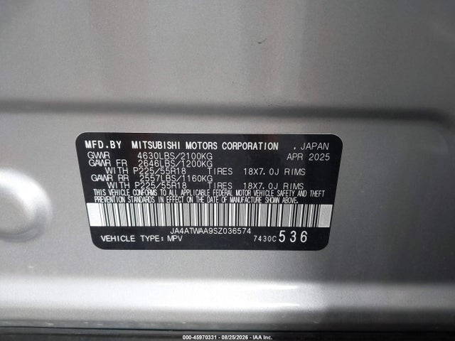 Продаж на аукціоні авто 2025 Mitsubishi Eclipse Cross Black Edition S-awc/se S-awc/sel S-awc, vin: JA4ATWAA9SZ036574, номер лоту: 45970331