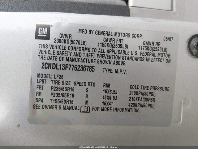 2007 Chevrolet Equinox Ls მანქანა იყიდება აუქციონზე, vin: 2CNDL13F776236785, აუქციონის ნომერი: 45970339