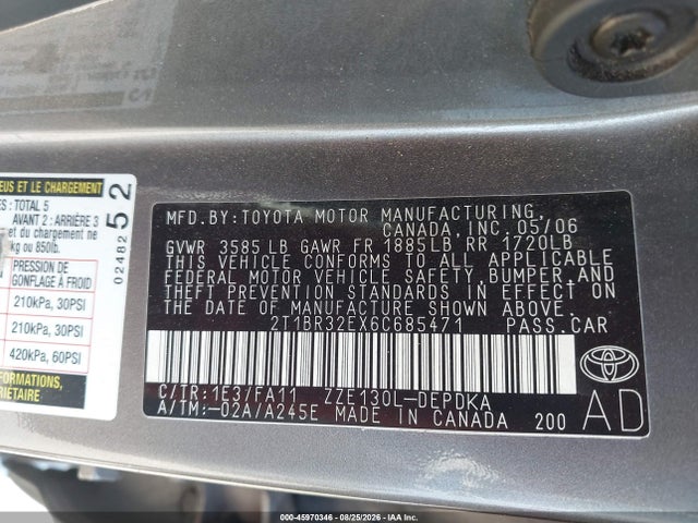 Продаж на аукціоні авто 2006 Toyota Corolla Ce, vin: 2T1BR32EX6C685471, номер лоту: 45970346