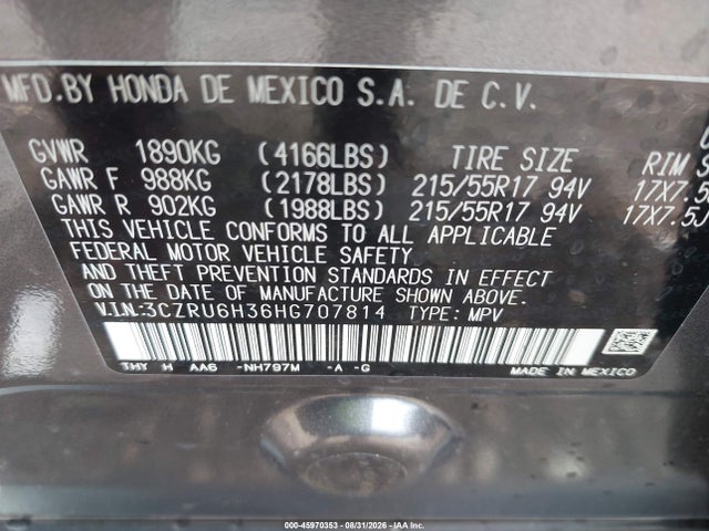 Aukcja sprzedaży 2017 Honda Hr-v Lx, vin: 3CZRU6H36HG707814, numer aukcji: 45970353