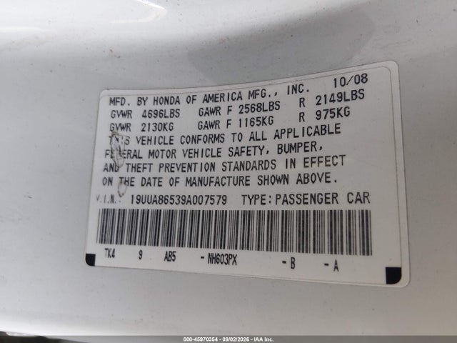 2009 Acura Tl 3.5 მანქანა იყიდება აუქციონზე, vin: 19UUA86539A007579, აუქციონის ნომერი: 45970354
