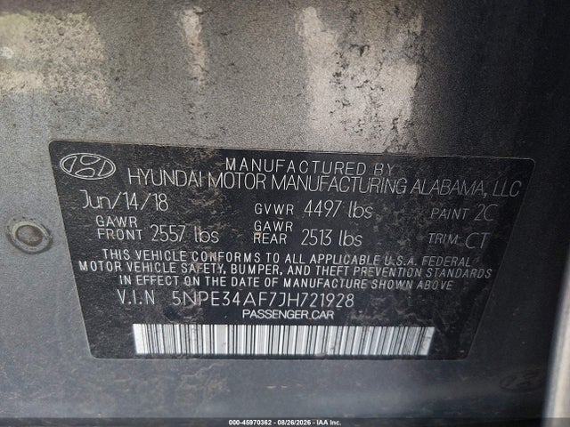 2018 Hyundai Sonata Sport+ მანქანა იყიდება აუქციონზე, vin: 5NPE34AF7JH721928, აუქციონის ნომერი: 45970362