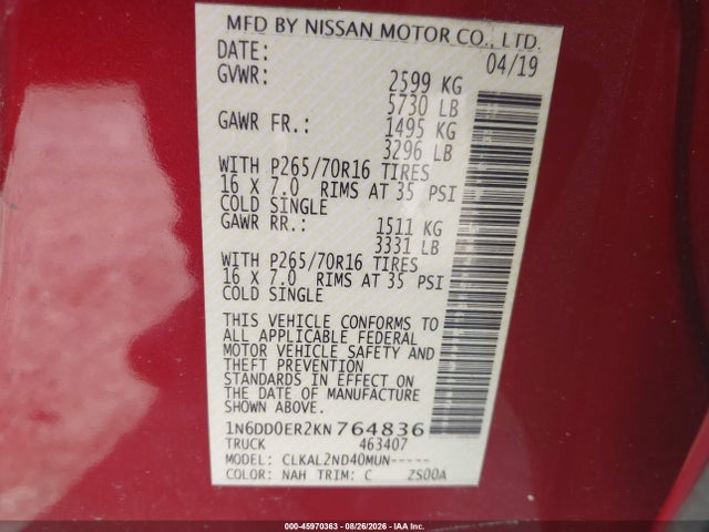 2019 Nissan Frontier Sv მანქანა იყიდება აუქციონზე, vin: 1N6DD0ER2KN764836, აუქციონის ნომერი: 45970363