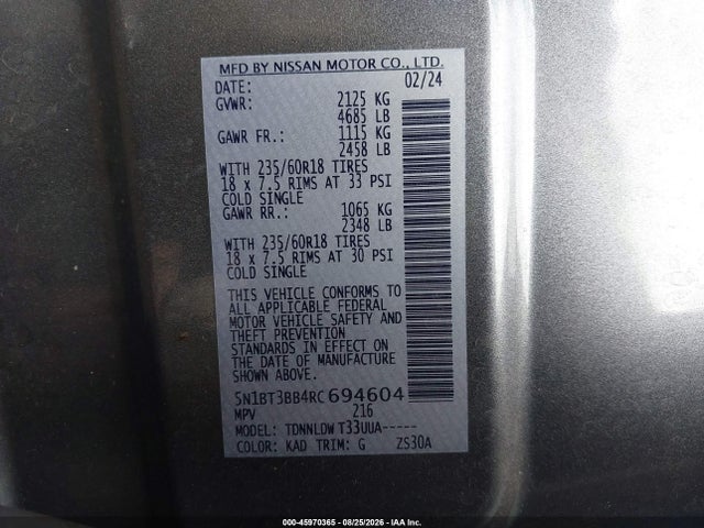 2024 Nissan Rogue Sv Intelligent Awd მანქანა იყიდება აუქციონზე, vin: 5N1BT3BB4RC694604, აუქციონის ნომერი: 45970365